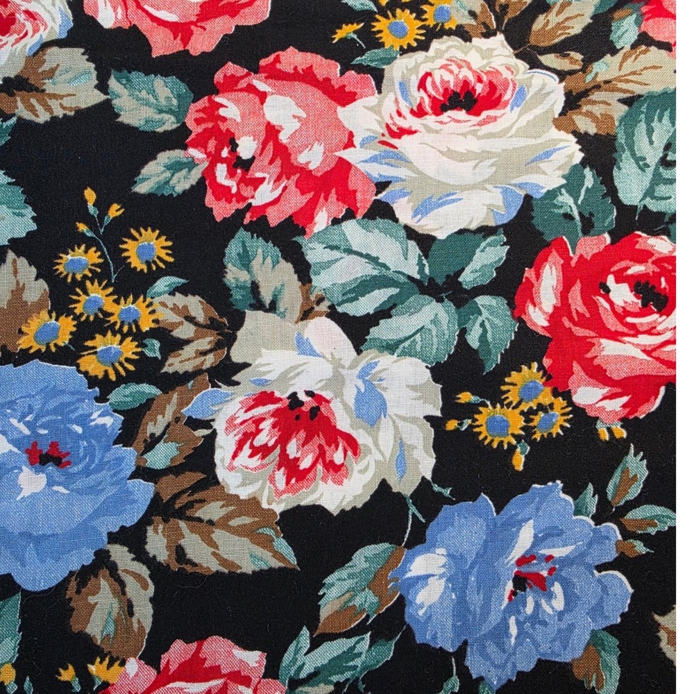 Floral Fabric Black Red Blue Rose Print 44in x 1yd